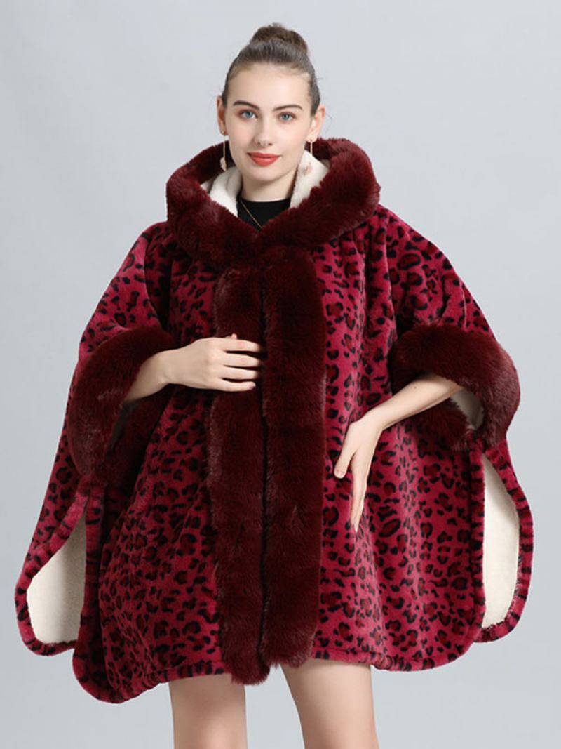 Casaco Poncho Feminino Leopardo Com Capuz Capa Inverno - Borgonha