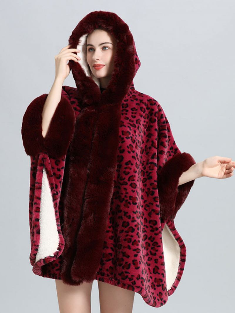 Casaco Poncho Feminino Leopardo Com Capuz Capa Inverno - Borgonha