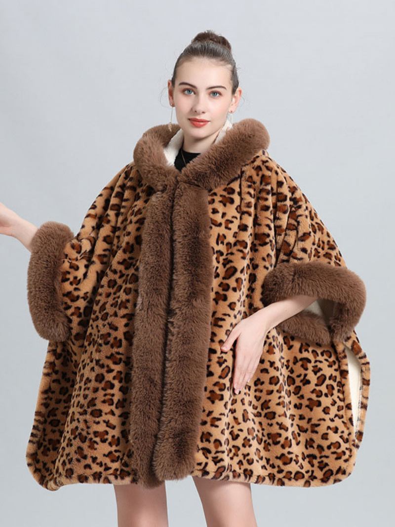 Casaco Poncho Feminino Leopardo Com Capuz Capa Inverno - Cáqui