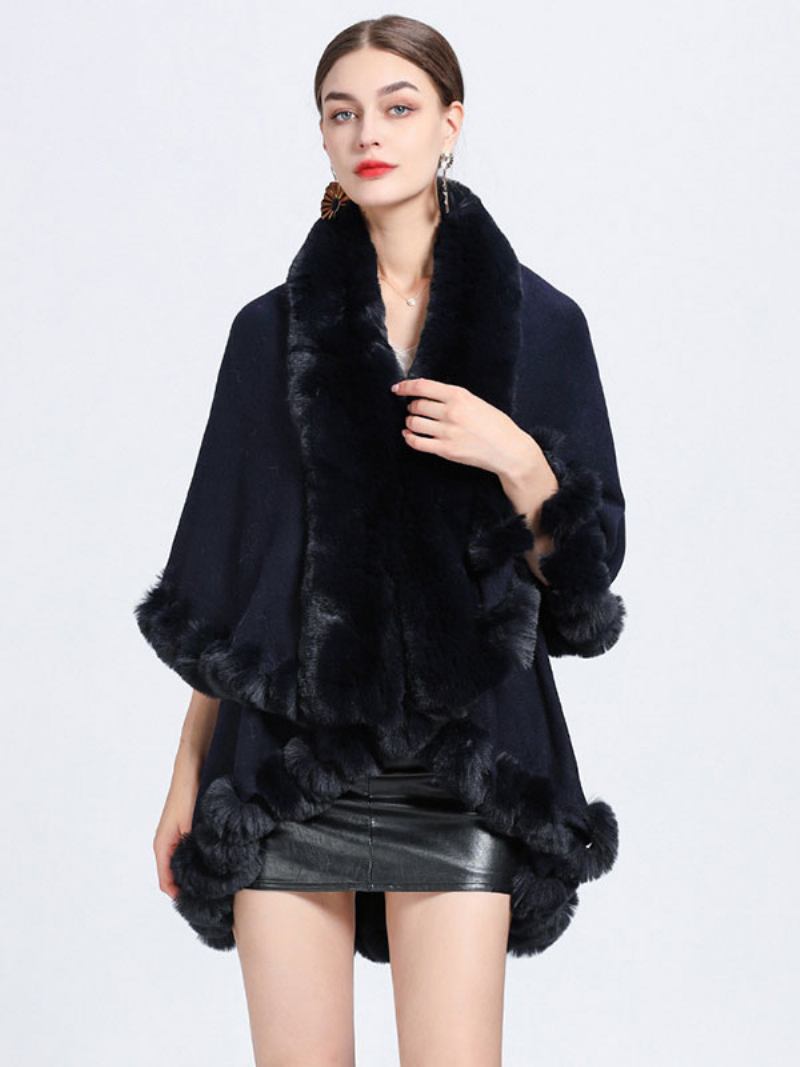 Mulheres Poncho Faux Fur Collar Cape Spring Outerwear - Marinho Escuro