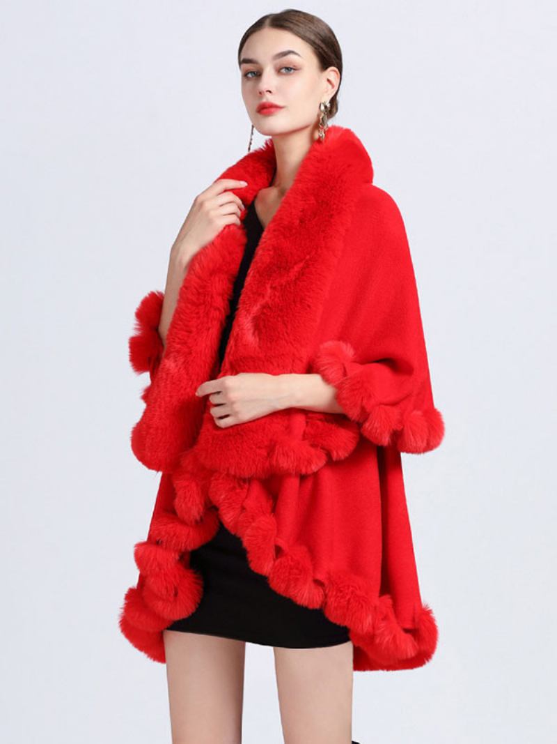 Mulheres Poncho Faux Fur Collar Cape Spring Outerwear - Vermelho