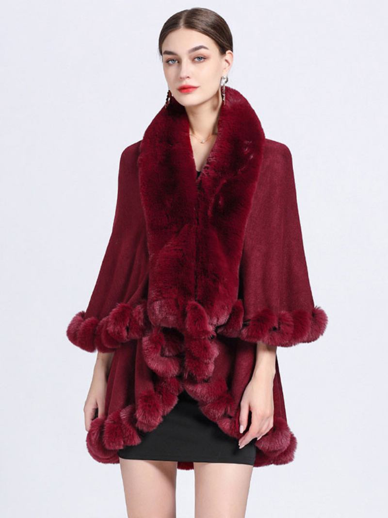 Mulheres Poncho Faux Fur Collar Cape Spring Outerwear - Borgonha