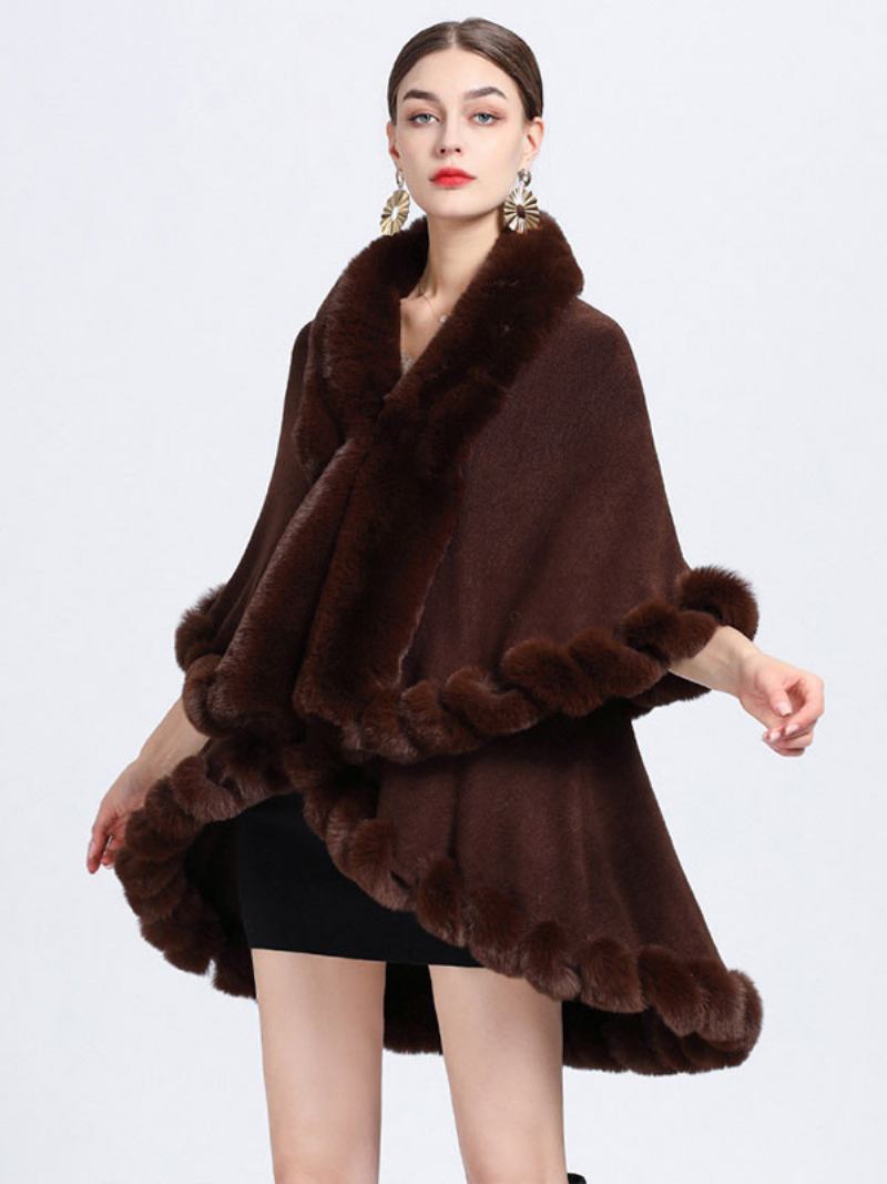 Mulheres Poncho Faux Fur Collar Cape Spring Outerwear - Castanho Café