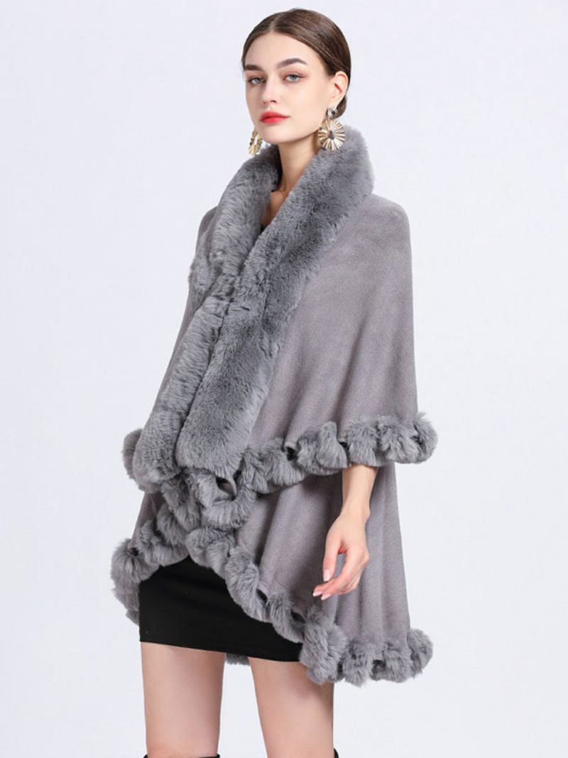 Mulheres Poncho Faux Fur Collar Cape Spring Outerwear - Cinza