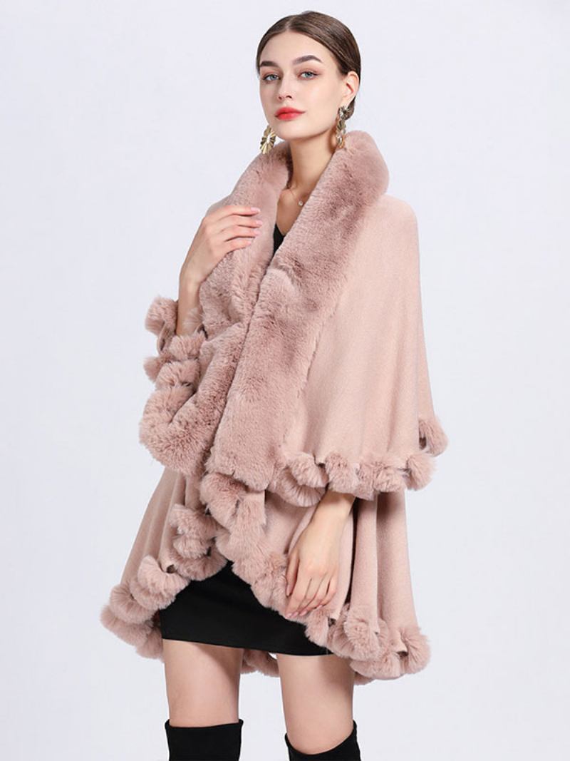 Mulheres Poncho Faux Fur Collar Cape Spring Outerwear - Rosa