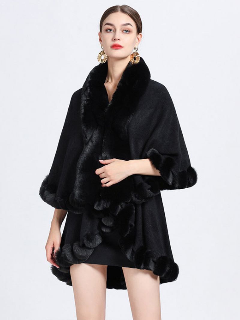 Mulheres Poncho Faux Fur Collar Cape Spring Outerwear - Preto