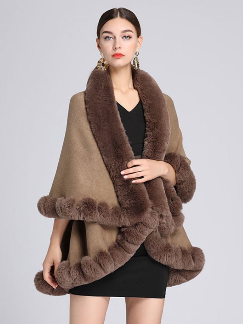 Mulheres Poncho Faux Fur Collar Cape Spring Outerwear - Cáqui