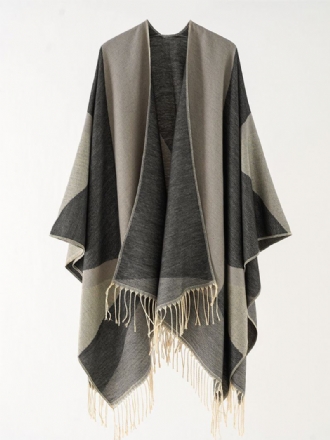 Poncho Casual Feminino Com Capa Bicolor E Franja