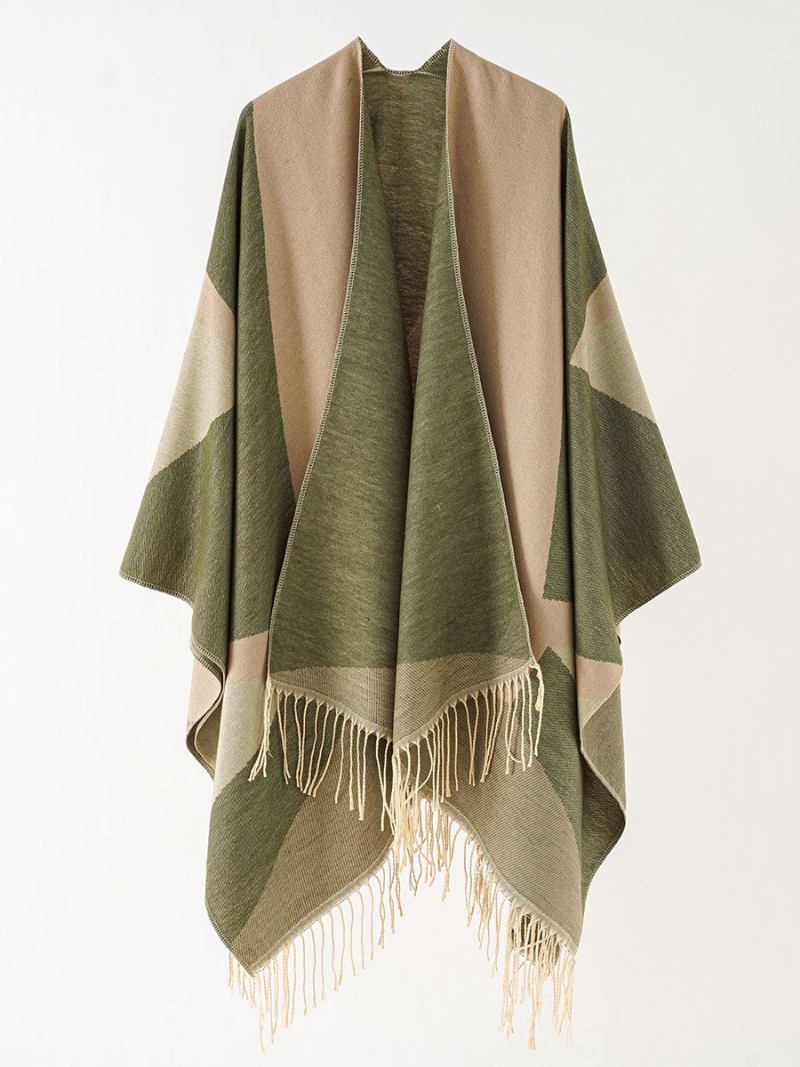 Poncho Casual Feminino Com Capa Bicolor E Franja - Verde Hunter