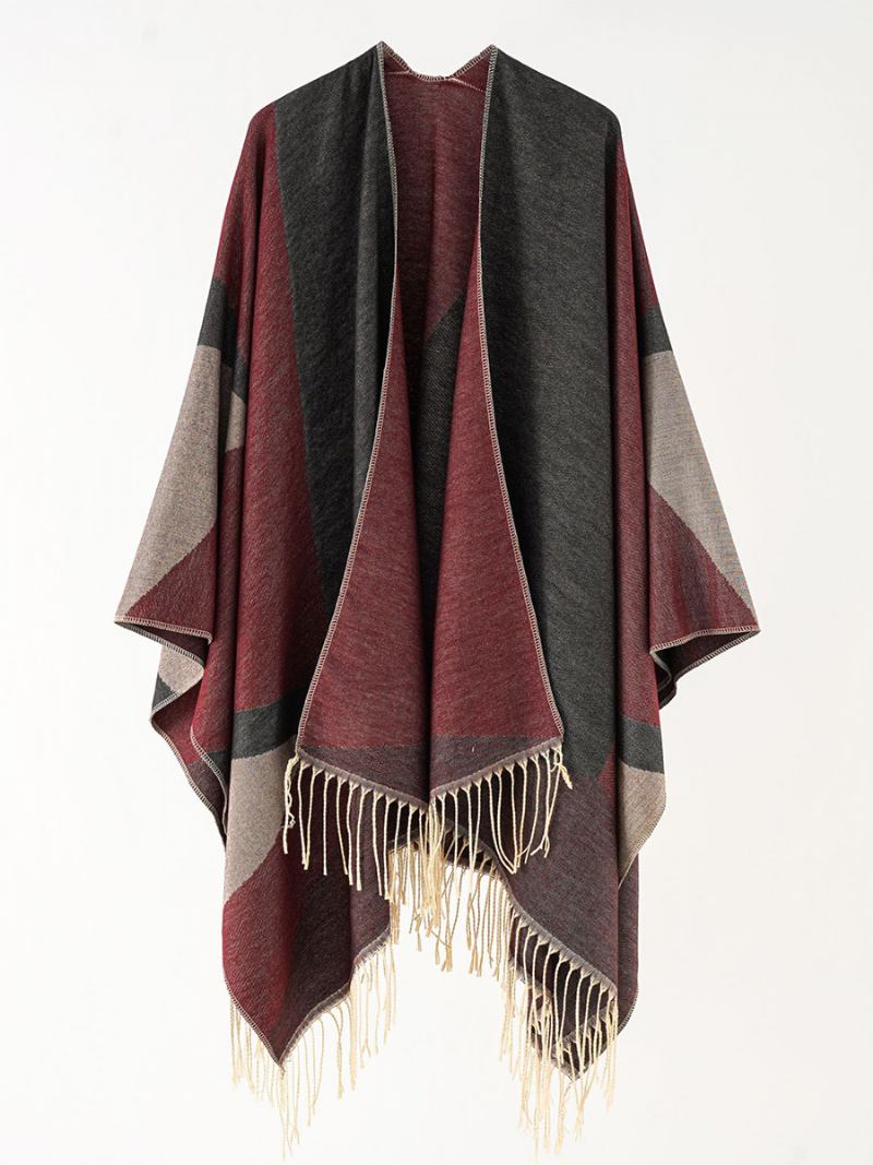 Poncho Casual Feminino Com Capa Bicolor E Franja - Borgonha