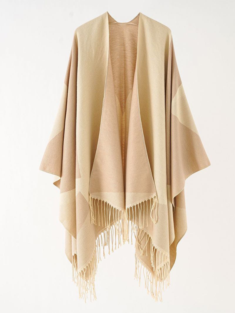 Poncho Casual Feminino Com Capa Bicolor E Franja - Cáqui