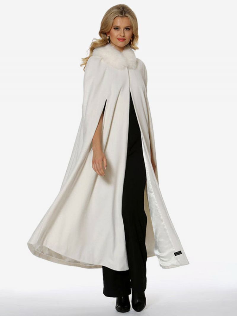 Poncho Com Capuz Para Mulheres Marfim Oversized Faux Fur Cape Outerwear - Marfim