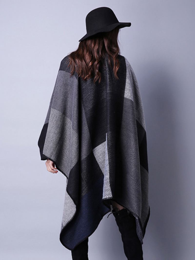 Poncho Feminino Colorido Bloco Preto Irregular Preservação Calor Capa Tubulação Grande - Preto