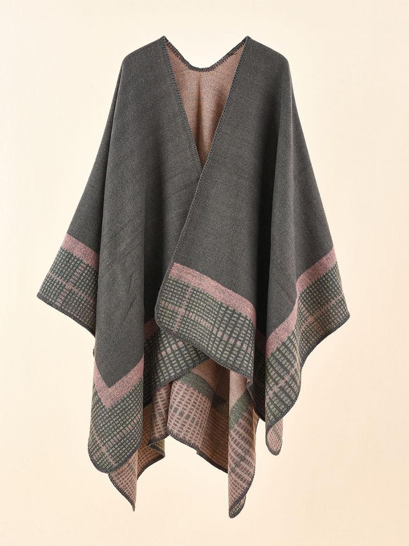 Poncho Feminino Com Capa Verde-oliva Xadrez Primavera Verão Outono Inverno - Cinza Claro