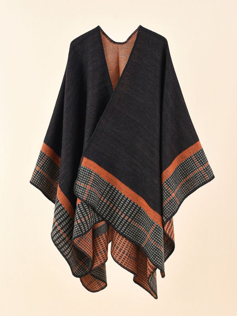 Poncho Feminino Com Capa Verde-oliva Xadrez Primavera Verão Outono Inverno - Preto