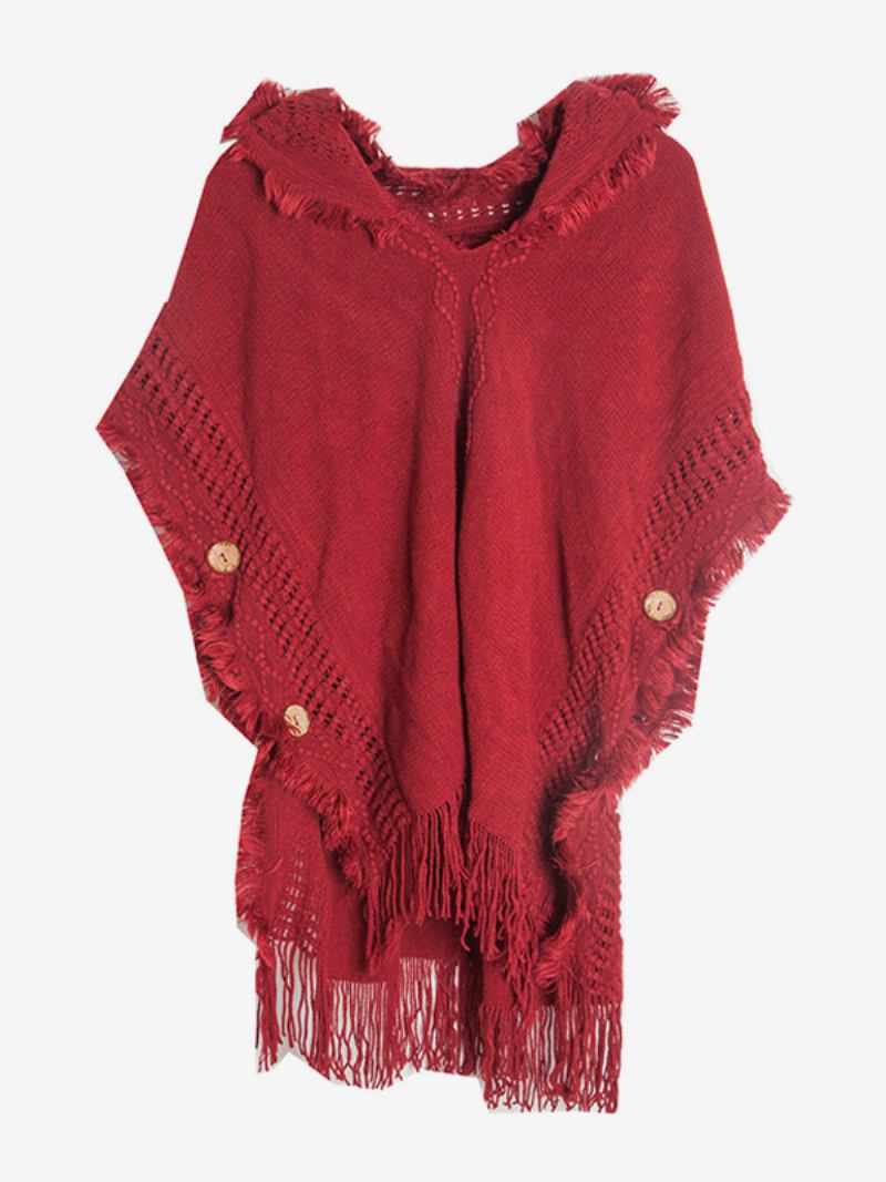 Poncho Feminino Com Capuz E Franjas Hallow Capa Malha Grande - Vermelho