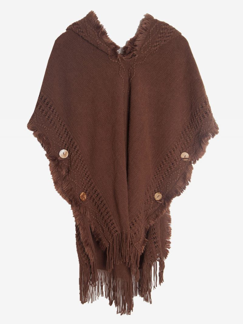 Poncho Feminino Com Capuz E Franjas Hallow Capa Malha Grande - Castanho Café