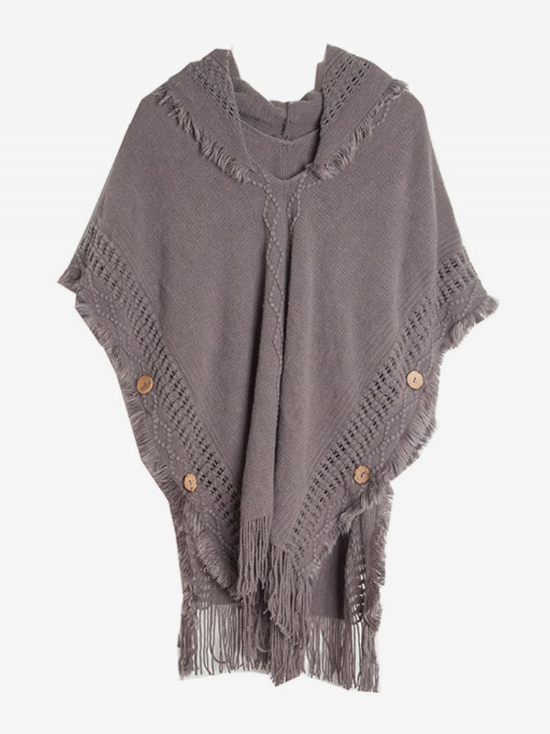 Poncho Feminino Com Capuz E Franjas Hallow Capa Malha Grande - Cinza