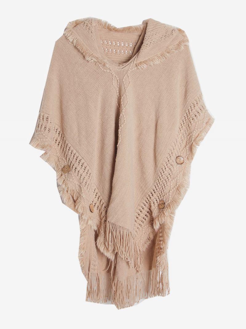 Poncho Feminino Com Capuz E Franjas Hallow Capa Malha Grande - Camelo