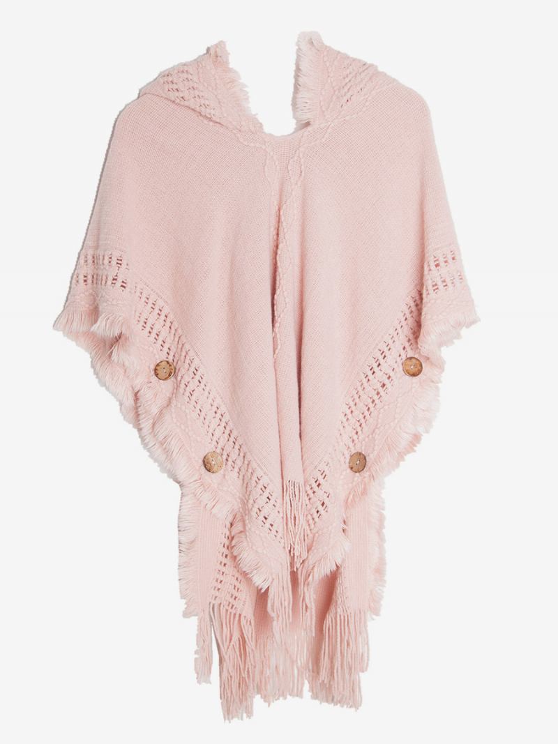 Poncho Feminino Com Capuz E Franjas Hallow Capa Malha Grande - Rosa