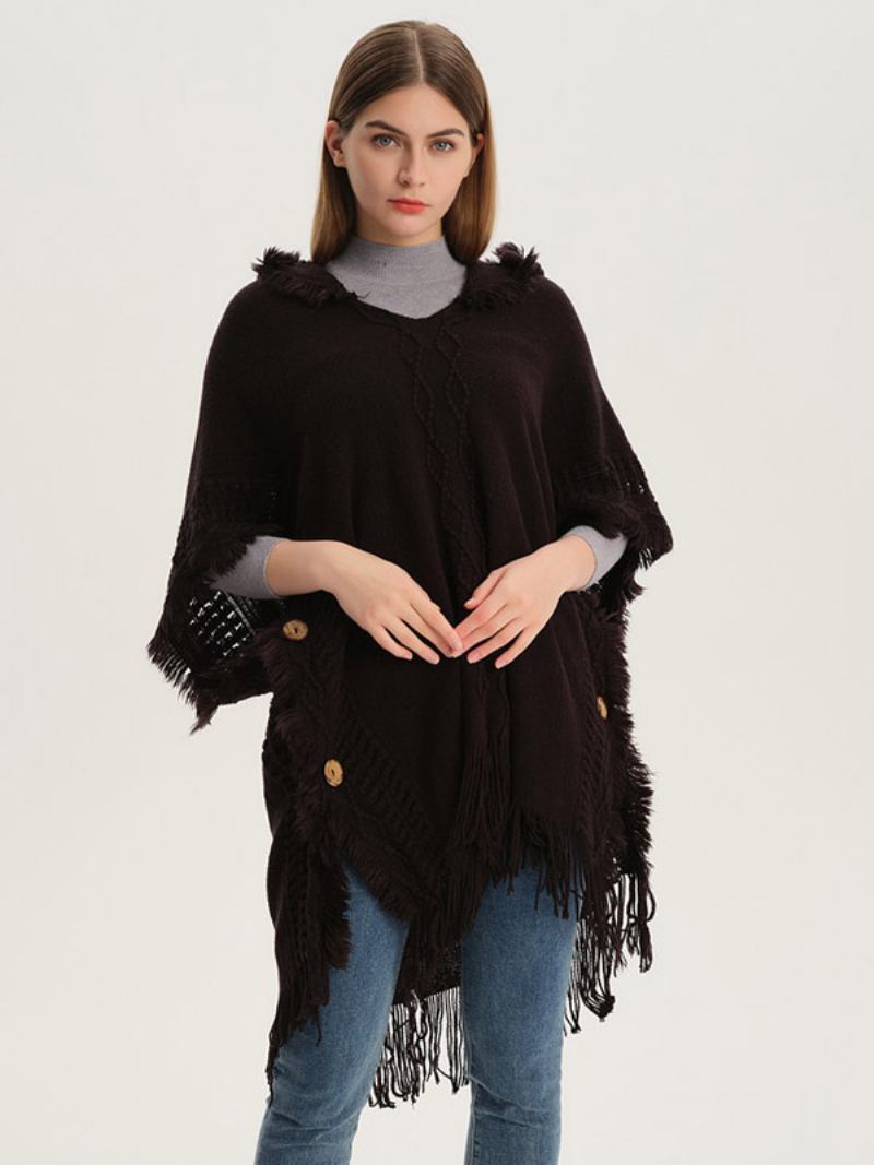 Poncho Feminino Com Capuz E Franjas Hallow Capa Malha Grande - Preto