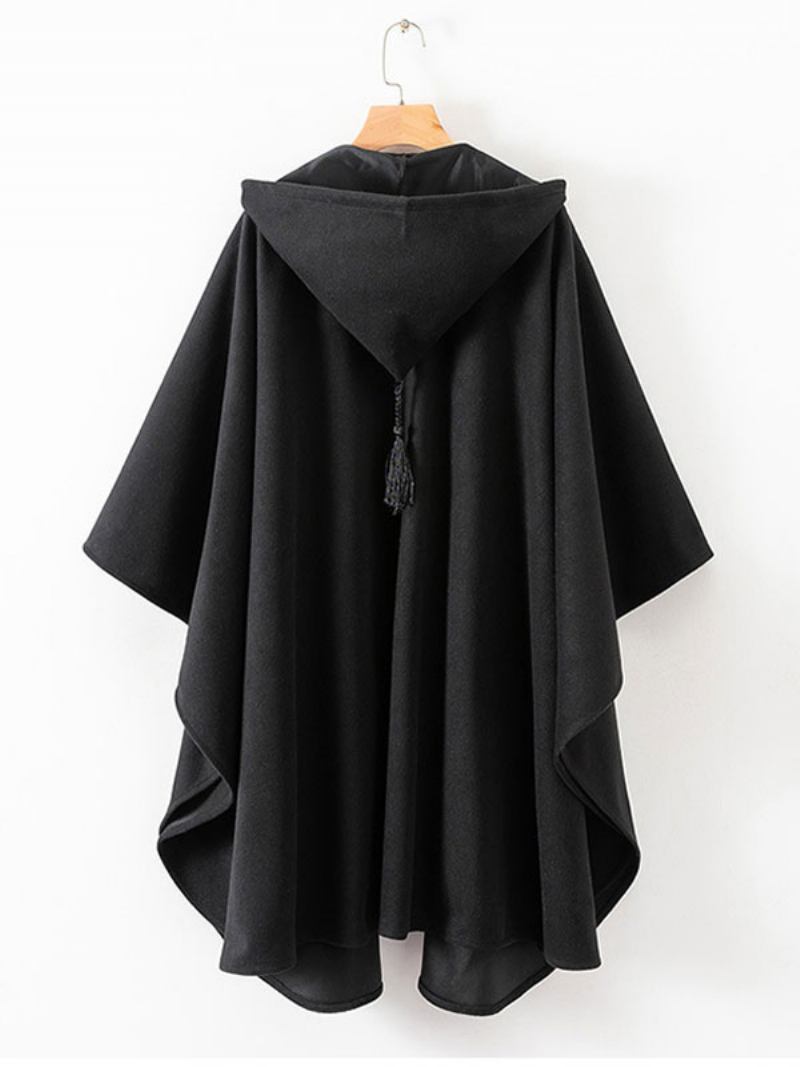 Poncho Feminino Com Capuz Preto Capa Borlas Grandes - Preto