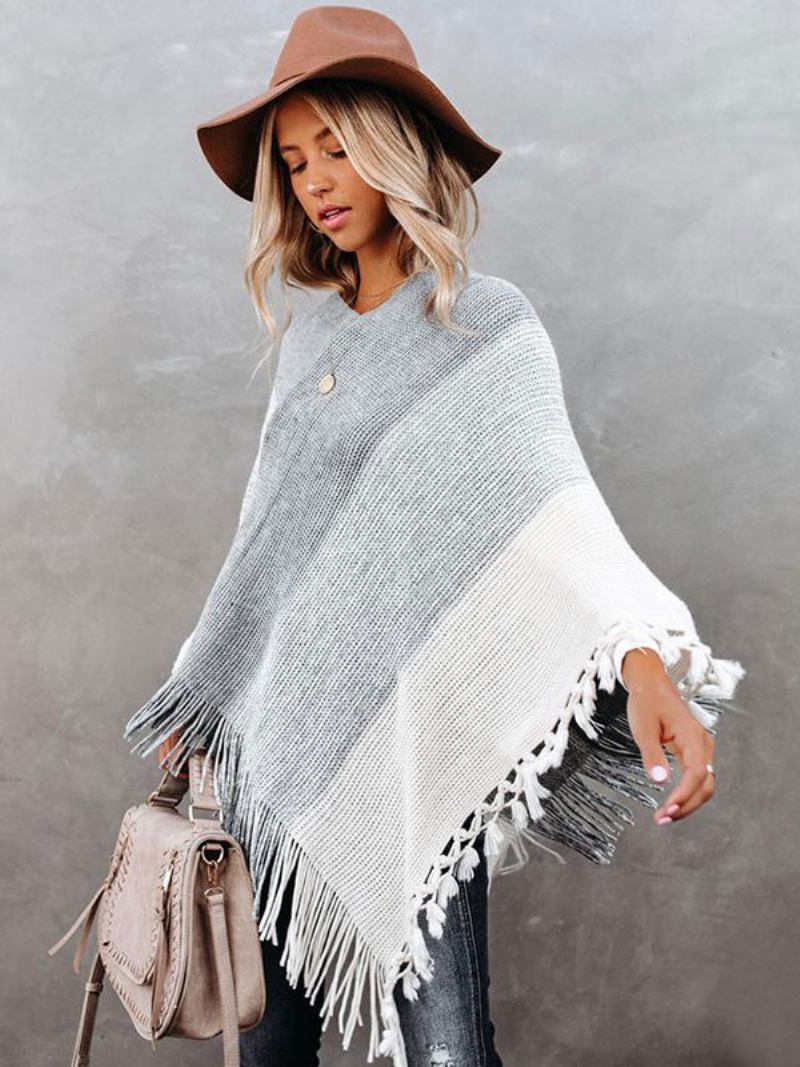 Poncho Feminino Com Decote Em V Cinza Camadas Franjas E Capa Primavera - Cinza