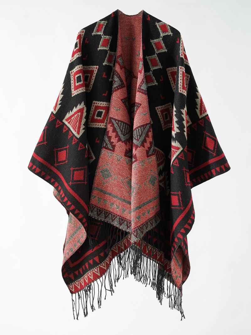 Poncho Feminino Com Estampa Geométrica Capa Casual Diária Franja - Vermelho