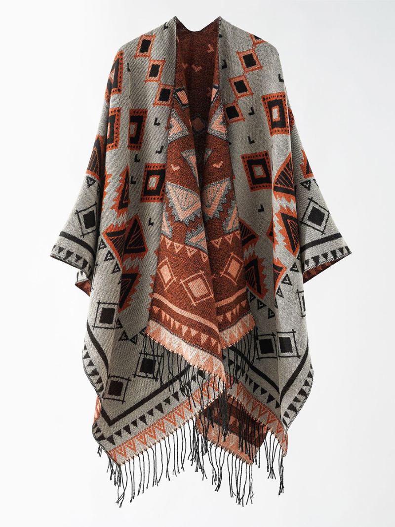 Poncho Feminino Com Estampa Geométrica Capa Casual Diária Franja - Cinza