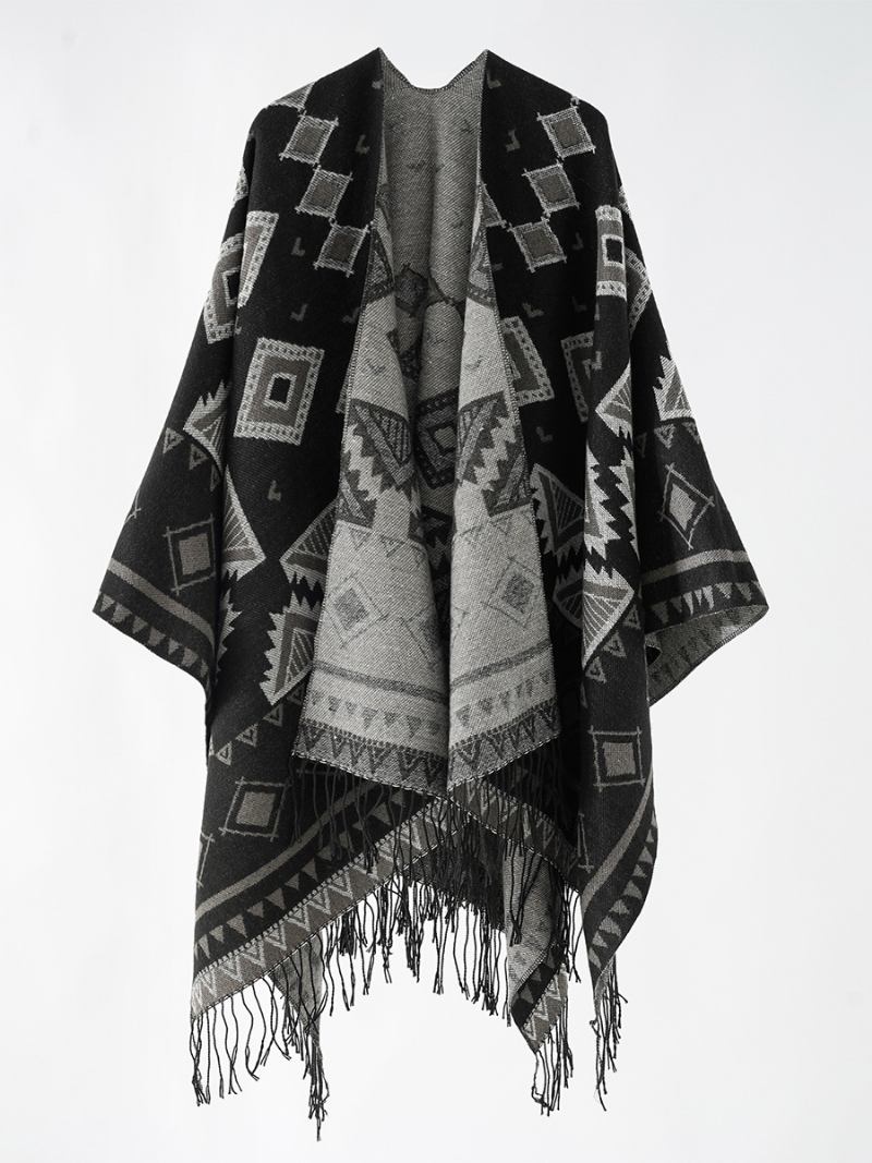 Poncho Feminino Com Estampa Geométrica Capa Casual Diária Franja - Preto