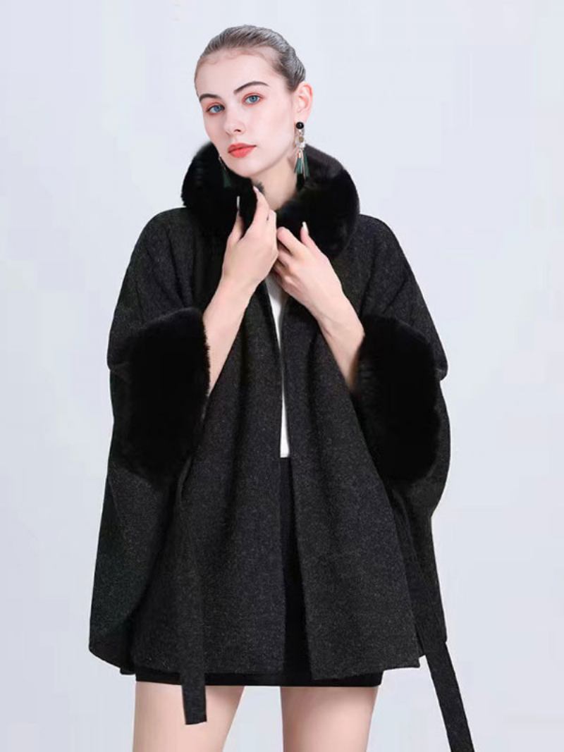 Poncho Feminino Com Gola Alta Cinza Claro Capa Pele Sintética Grande - Preto