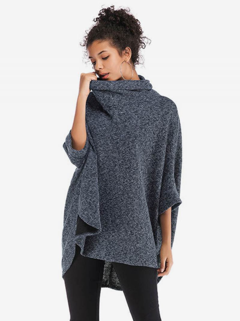 Poncho Feminino Com Meia Manga E Gola Alta Casual Elegante - Marinho Escuro 