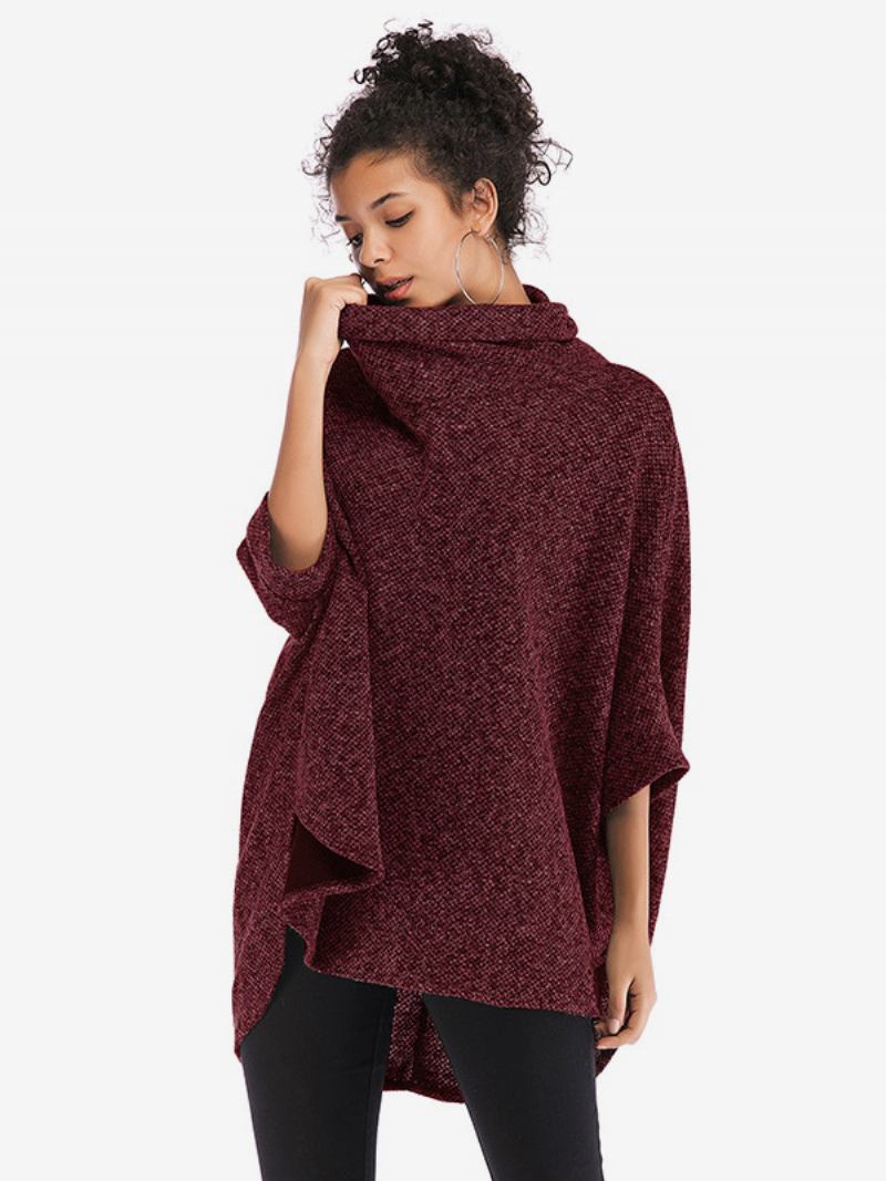 Poncho Feminino Com Meia Manga E Gola Alta Casual Elegante -  Borgonha 