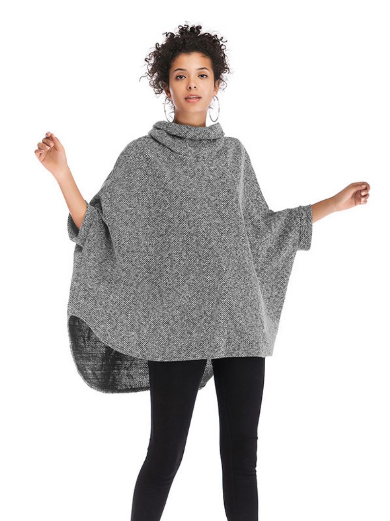 Poncho Feminino Com Meia Manga E Gola Alta Casual Elegante -  Cinza Claro