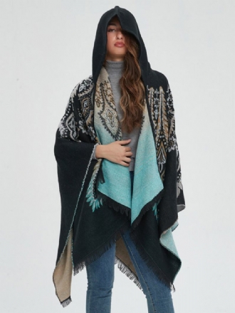 Poncho Feminino Estampado Com Capuz Vermelho Capa Franja Grande