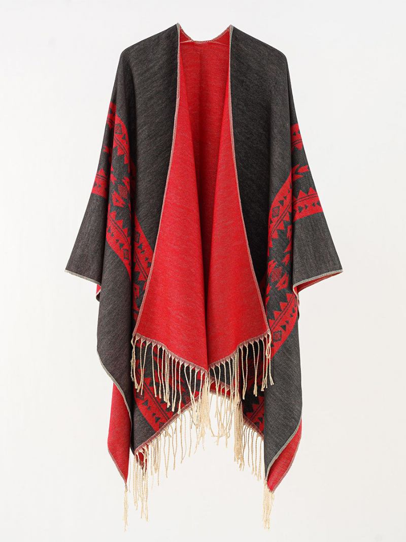 Poncho Feminino Estampado Diariamente Capa Casual Com Franja - Vermelho