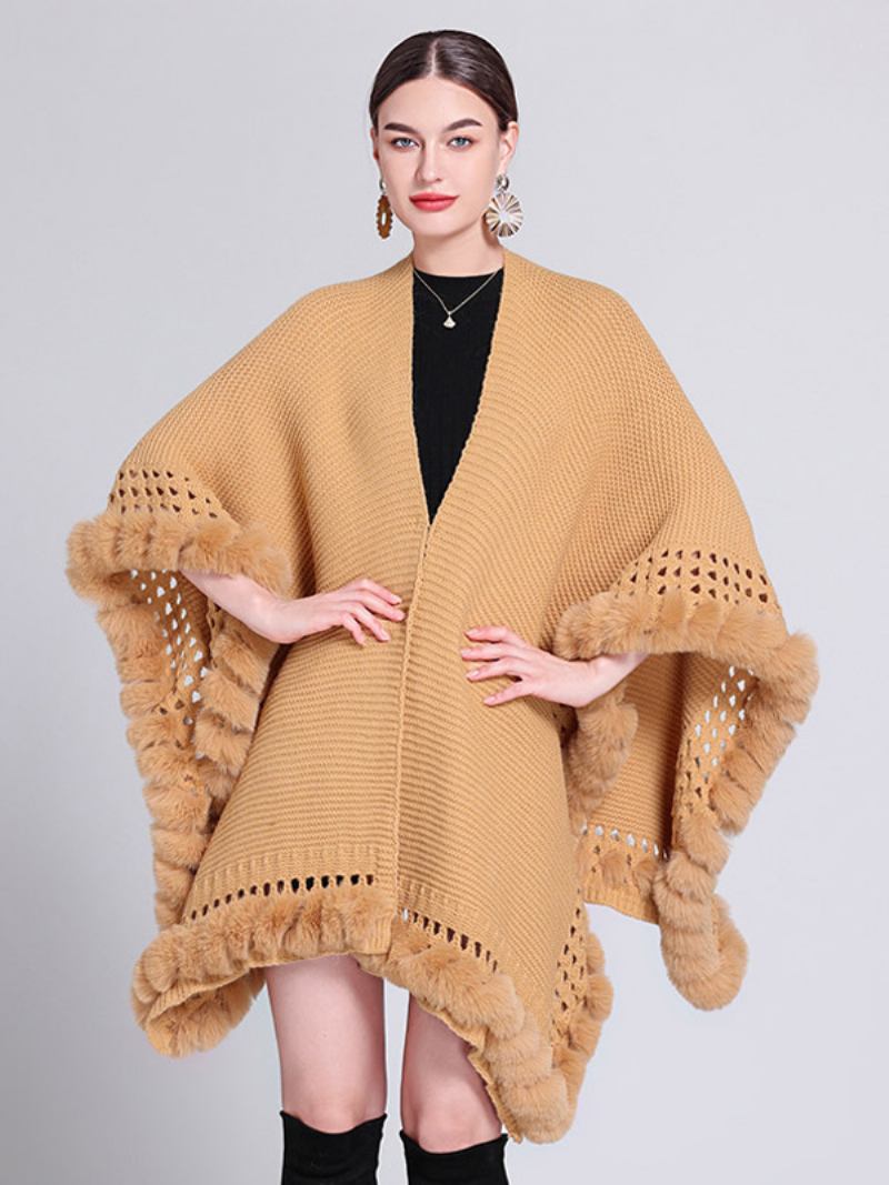 Poncho Feminino Grande Com Decote Em V Recortado Franja Guarnição Capa Cor Sólida