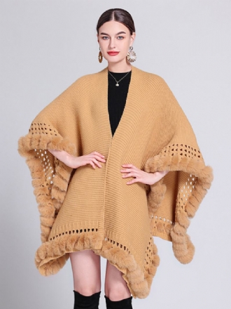 Poncho Feminino Grande Com Decote Em V Recortado Franja Guarnição Capa Cor Sólida