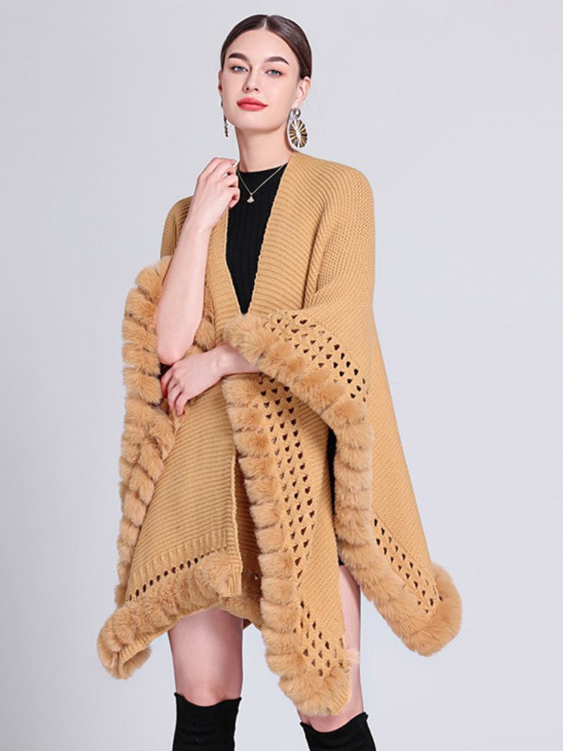 Poncho Feminino Grande Com Decote Em V Recortado Franja Guarnição Capa Cor Sólida - Camelo