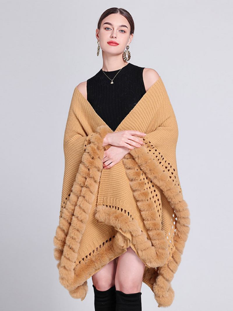 Poncho Feminino Grande Com Decote Em V Recortado Franja Guarnição Capa Cor Sólida - Camelo