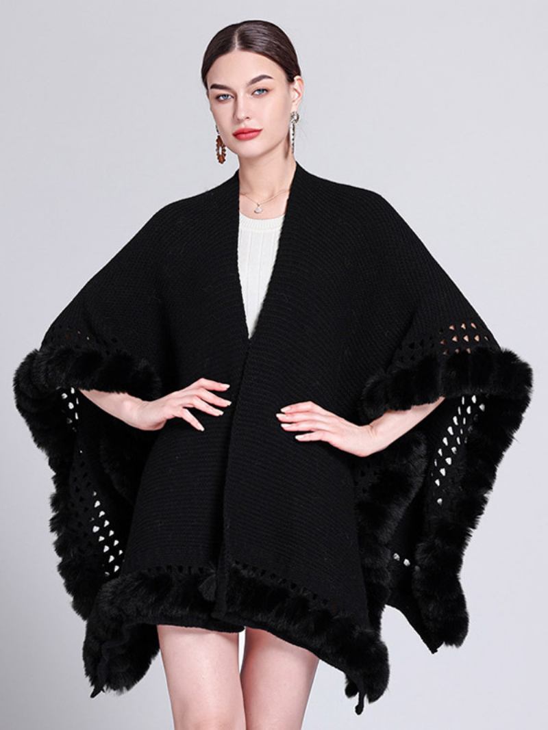 Poncho Feminino Grande Com Decote Em V Recortado Franja Guarnição Capa Cor Sólida - Preto