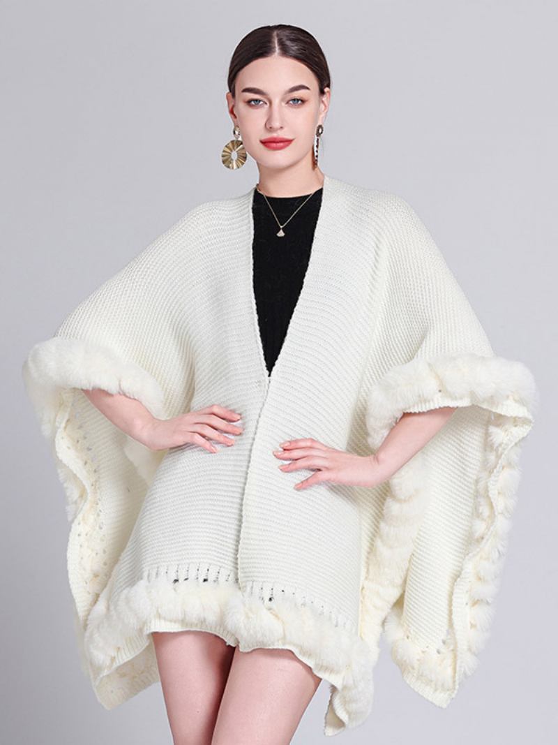 Poncho Feminino Grande Com Decote Em V Recortado Franja Guarnição Capa Cor Sólida - Branco