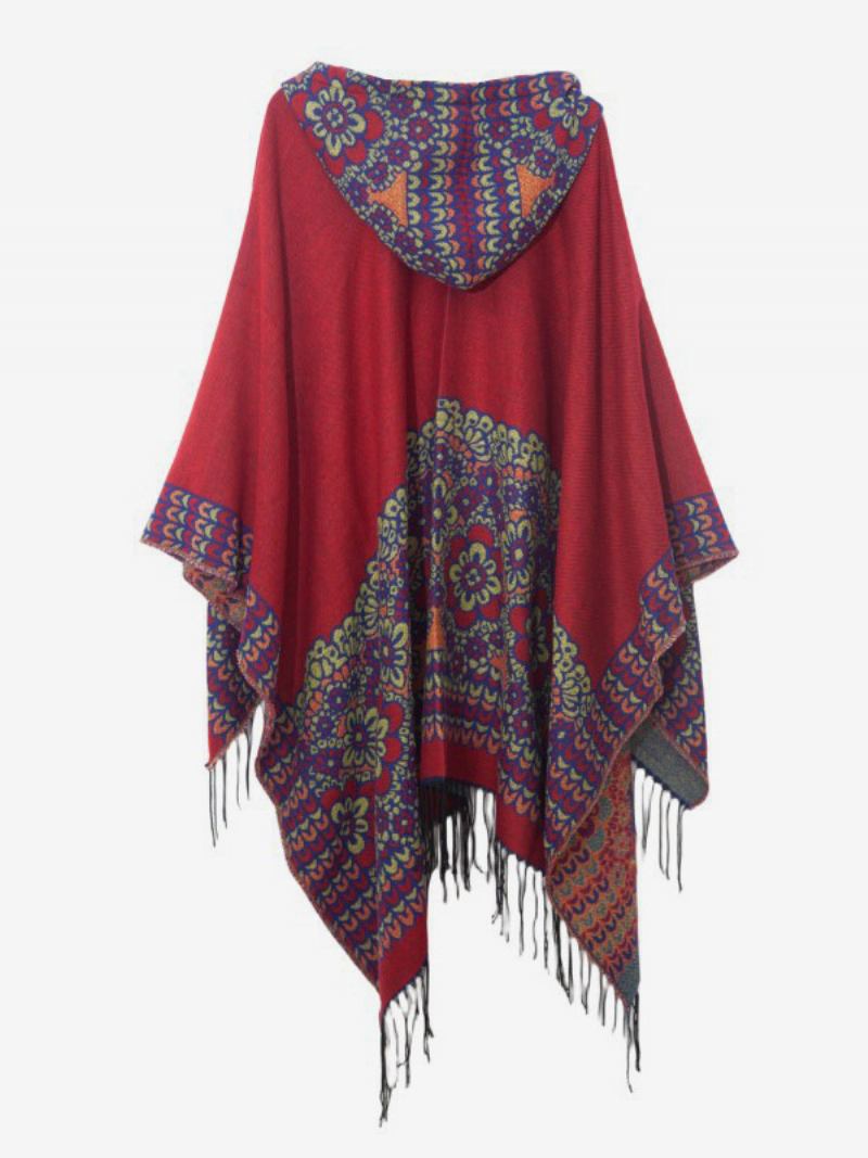 Poncho Floral Embelezado Com Capuz E Franja Capa Feminina Grande - Vermelho