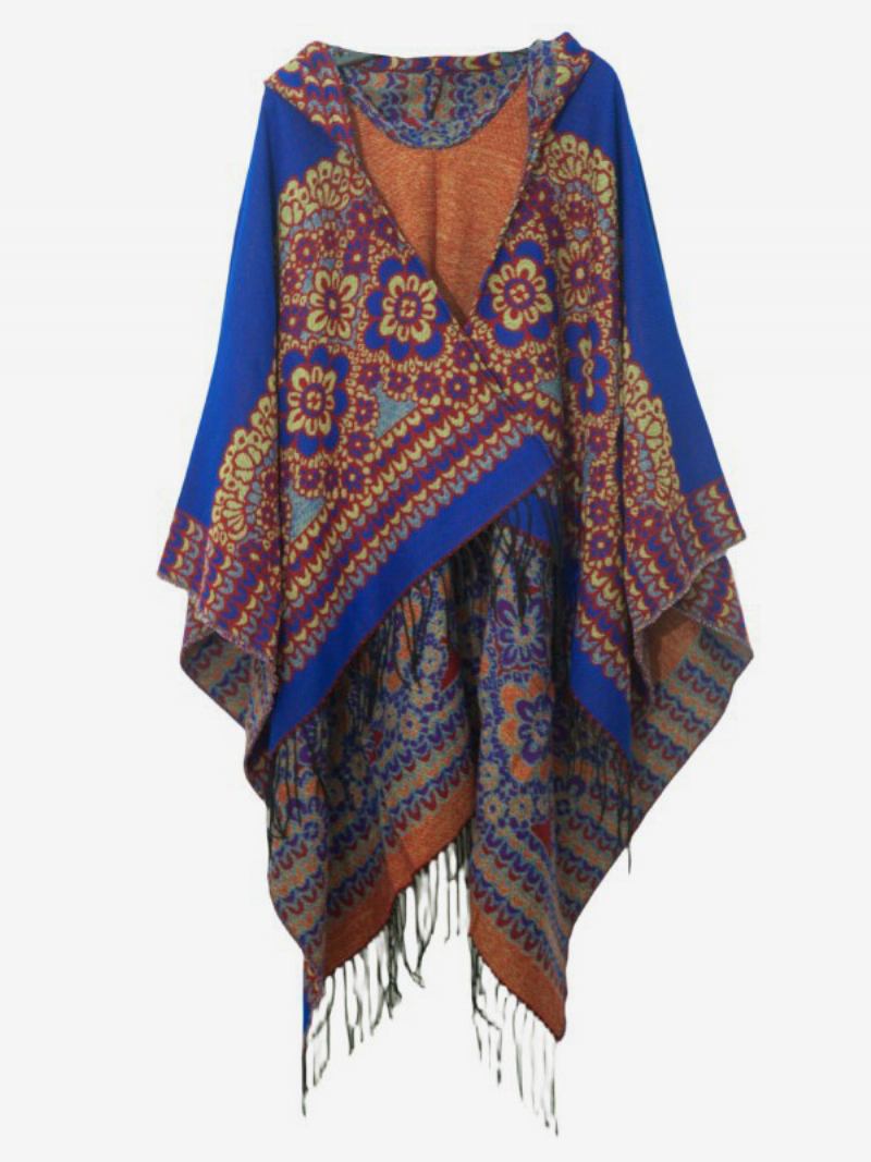 Poncho Floral Embelezado Com Capuz E Franja Capa Feminina Grande - Azul Royal