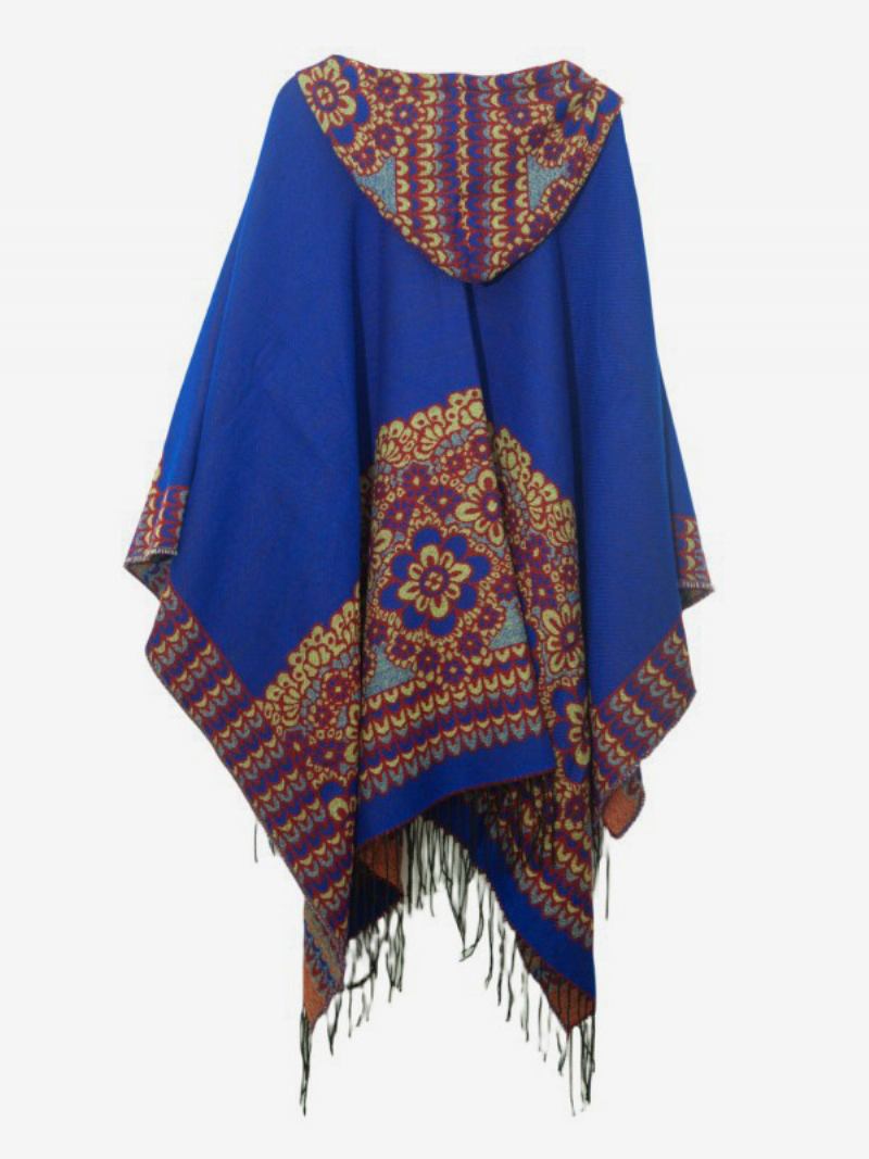 Poncho Floral Embelezado Com Capuz E Franja Capa Feminina Grande - Azul Royal