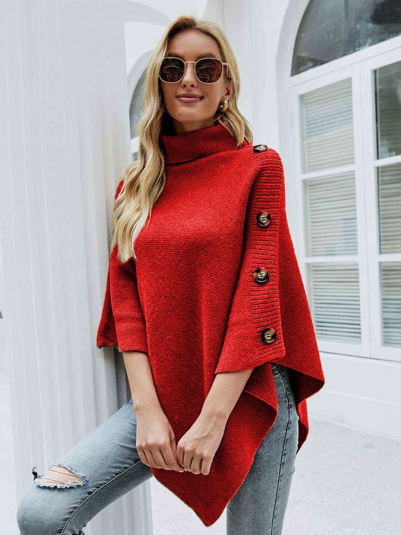 Poncho Para Mulheres Com Gola Alta E Capa Primavera - Vermelho