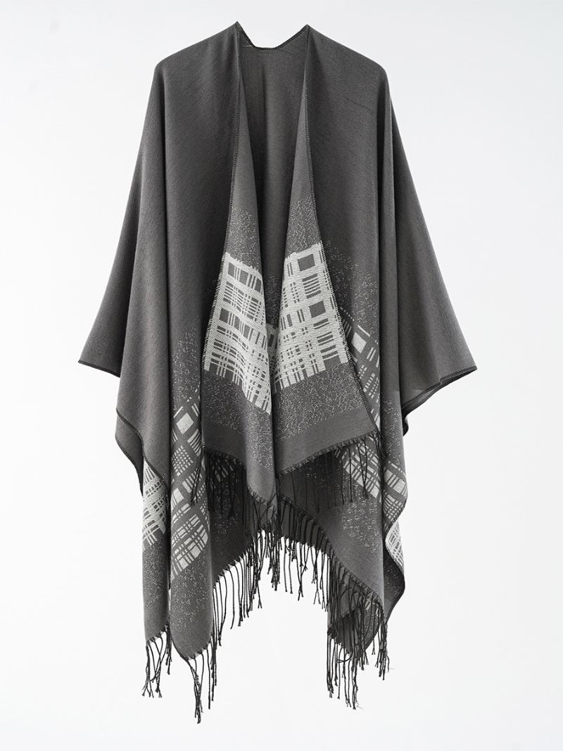 Poncho Xadrez Feminino Primavera Outono Diário Casual Com Franja - Cinza Profundo