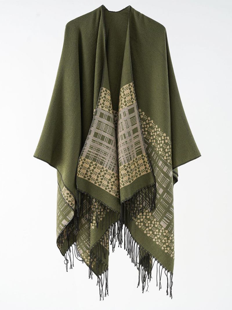 Poncho Xadrez Feminino Primavera Outono Diário Casual Com Franja - Verde Hunter