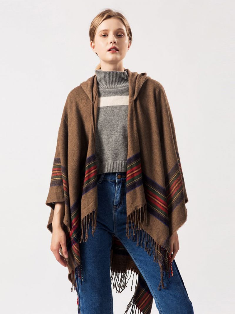 Xaile Wrap Bohemian Com Capuz Franja Poncho Cardigan Capa Para Mulheres