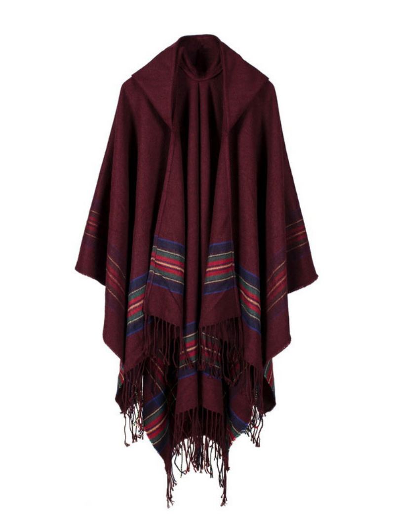 Xaile Wrap Bohemian Com Capuz Franja Poncho Cardigan Capa Para Mulheres - Borgonha